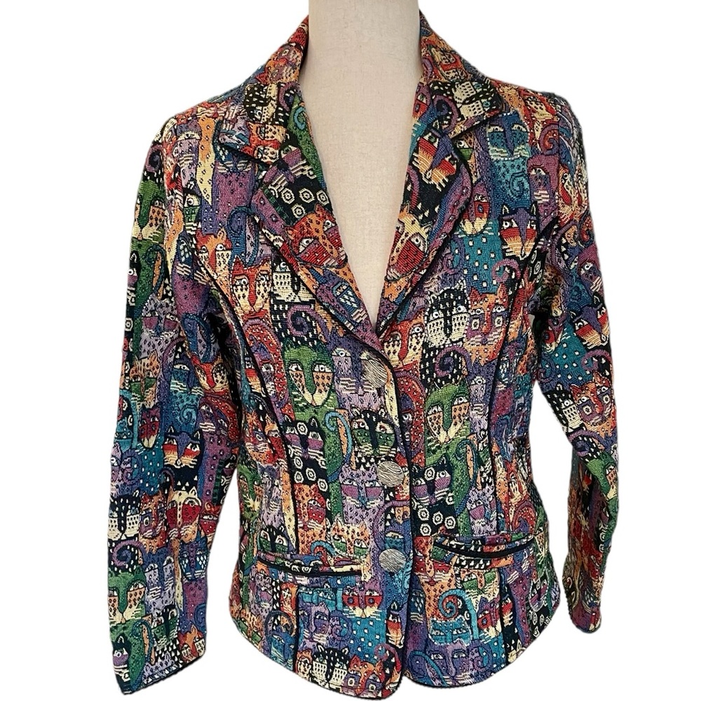 PARSLEY & SAGE Vintage Cat Tapestry Beaded Blazer Jacket